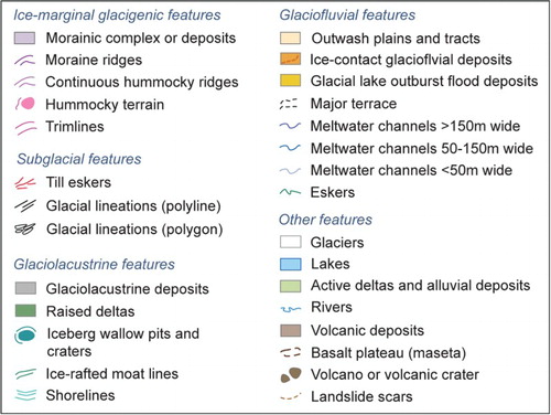 Figure 4. Mapping legend to accompany Figures 5–11. Note that on some figures, certain layers (e.g. ‘morainic complexes or deposits’) are not shown to enhance the visual clarity of our landform interpretations. Contemporary glacier extents were extracted from the ‘Randolph Glacier Inventory’ dataset presented in CitationPfeffer et al. (2014).