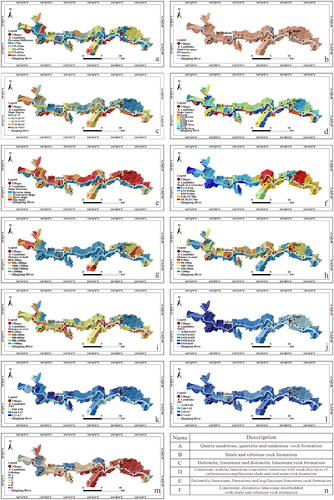 Figure 6. The landslide static influencing factor system: (a) elevation difference, (b) total curvature, (c) slope degree, (d) slope aspect, (e) slope structure, (f) depth of overburden, (g) distance to fault, (h) distance to road, (i) distance to river, (j) NDVI, (k) TWI, (l) SPI,(m) lithology, (n) legend of lithology.