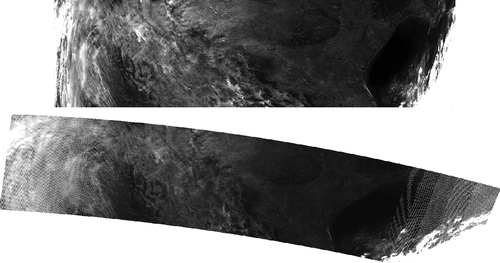 Figure 4. Raw digital number AVHRR image (top) and final projected reflectance image (bottom) of channel 1 of image NSS.HRPT.NM.D03364.S1717.E1727.B0788080.WI.