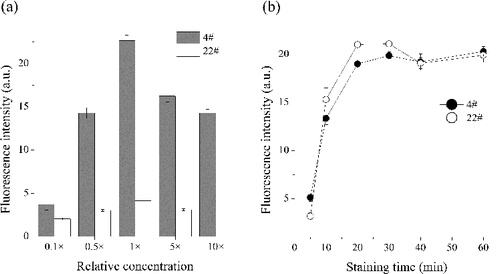 Figure 4. Effects of the concentration of stain (a) and the staining time (b) on bacteria counting using two samples (Site 4# and Site 22#) from Lake Taihu (see Figure S1). x-Axis of the left panel showed the relative values of the working concentration of commercial SYBR Green I solution.