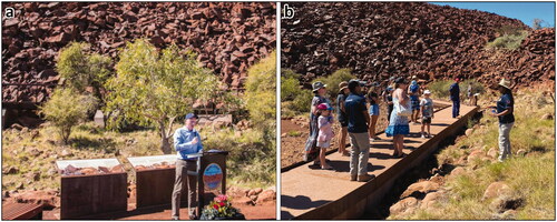 Figure 23. The official opening of Nganjarli Boardwalk with the W.A. State Minister for Environment, Hon Stephen Dawson MLC (a); and Murujuga Ranger Sarah Hicks leading an interpretive tour at Nganjarli (b) (photos permission of MAC).