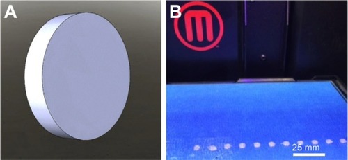 Figure 10 Design disc and resultant three-dimensional printed discs.Notes: (A) Disc design file. (B) Printed discs on printer platform.
