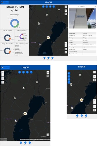 Figure 1. The main interface of the LingGIS web experience as viewed on 1280 × 800 monitor (above), 601 × 962 tablet (left), and 360 × 640 phone (right) screens.