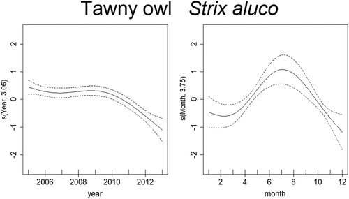 Figure 9. Non-linear factors affecting the temporal distribution of roadkills for Tawny Owl. Fitted smooth terms (written as s(name of variable, number of degrees of freedom)) for Tawny Owl mortality (solid lines) and confidence intervals (dashed lines); left panel: year, right panel: month.