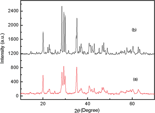 Figure 1. X-ray diffraction spectra of nanoscale (a) and bulk (b) SrAl2O4 : Eu2+, Dy2+ phosphors.