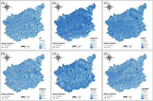 Figure 8. GWP maps. (a) RF; (b) AdaBoost; (c) GBDT; (d) CatBoost; (e) XGBoost; (f) LightGBM.