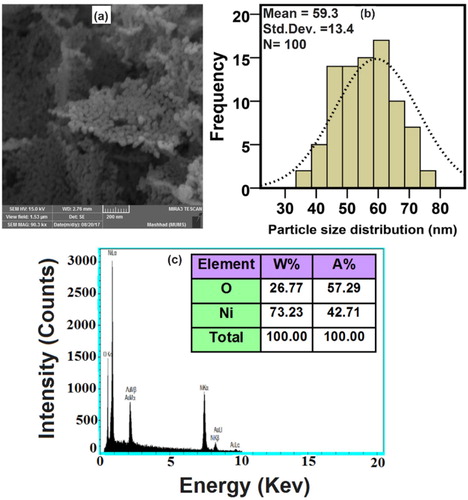 Figure 7. The FESEM image (a), Particle size (b) and EDX (c) of NiO-NPs at 500°C.