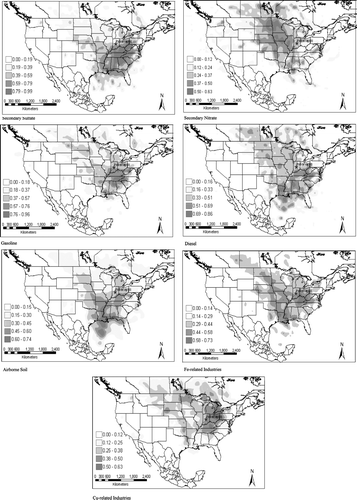 FIG. 5 PSCF plots of seven identified sources in Indianapolis.