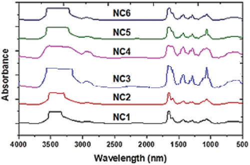Figure 5. FTIR spectra of CMC/PVP blend (NC1) and its CuO NPs nanocomposites (NC2-NC6).
