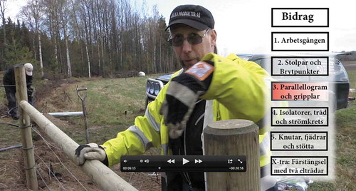 Figure 2. A screen-shot from the antipredator fence instructional video, showing the fence-building instructor in action as he shows how a “parallelogram” is constructed. To the right, macroscaffolding (“Chapters”) in the form of text and graphics are visible.