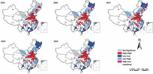 Figure 2. Local spatial autocorrelation cluster maps of PM2.5 in China, 2015 to 2019.