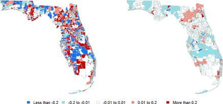 Figure 1. Raw (left) and estimated (right) overall log relative risks for pediatric cancers in Florida.