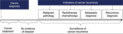 Figure 1 Schematic overview of the algorithm.Notes: aCystectomy or >15 fractions of radiotherapy. bNinety days after cystectomy and 180 days after the last fraction of radiotherapy.