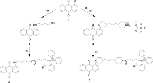 Scheme 1. Reagents and conditions: (a) 4-amino-1-butanol, DMSO, 95°C; (b) 1,3-di-4-piperidylpropane, DMSO, 95°C; (c) TFA, diethyl ether; (d) (4-carboxybutyl)triphenylphosphonium bromide, DCC, DMAP, CH2Cl2; (e) 4-(carboxybutyl)triphenylphosphonium bromide, PyBOP, HOBt, DIPEA, DMF.