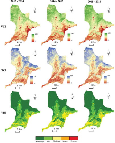 Figure 7. From upper to lower: Vegetation Condition Index, Temperature Condition Index and Vegetation Health Index of three dry seasons (November to April), from left to right: 2013–2014, 2014–2015, and 2015–2016. All show increases of moisture and thermal stress in vegetation near the coast of the study area, where land is used for crop production. The combination of those stresses accelerated drought severity, and consequently increased to risks of agricultural losses. Figure 7 should be shown in the section 4.2. Spatial distribution of drought severity.