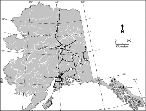 FIGURE 2 Distribution of M. officinalis in Alaska. GPS locations for M. officinalis populations found in surveys made during 2003–2005 are shown.