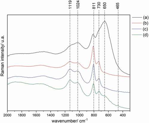 Figure 6. Raman spectra of the samples with commercial admixture: (a) 0 days of age; (b) 7 days of age; (c) 21 days of age and (d) 90 days of age