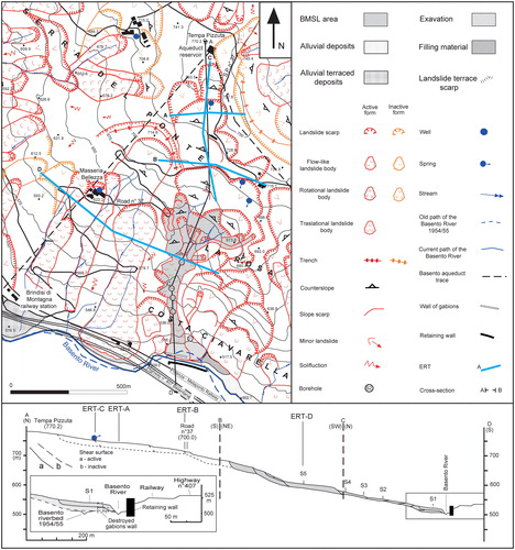 Figure 3. Geomorphological map and cross-section of the study area. The grey colour indicates the area where the BMSL resides. Source: Author