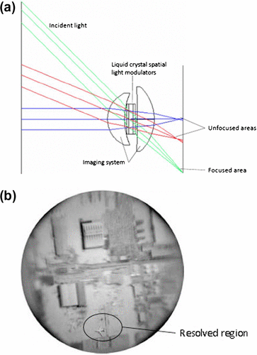 Figure 25. (a) Foveated imaging system that focuses the light from specific direction based on how liquid crystal spatial light modulators change the refractive index. (b) Aerial image of an airport taken from the system. (Adapted from Martinez et al. 2001 and Szema et al. 2006).