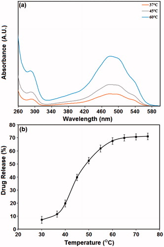 Figure 6. The ratio of doxorubicin released at different temperatures. (a) UV-Vis spectra of S10 specimens heated at 37, 50, and 60 °C. (b) The percentage of drug release from the PMSNs after heating at various temperatures for a period of 30 min.