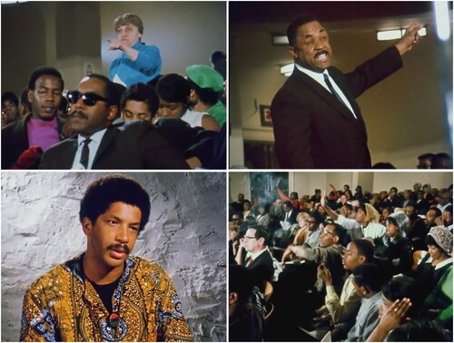 Figure 3. Film stills from Between The Word and The Deed depicting confrontational community meetings in the Central Brooklyn Model Cities Program; Leo Lillard pictured in bottom left. Source: Gordon Hyatt, New York City Model Cities Program, 1970.
