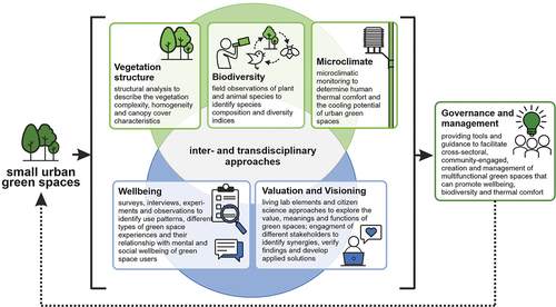 Figure 2. Small urban green spaces must be examined from diverse perspectives including from ecology and conservation, climatology, environmental psychology, public health and participatory research to in turn inform governance and management at the local neighborhood level and the city planning level. In our research in Munich, Germany, we use inter- and transdisciplinary approaches and illustrate how ways of combined data collection from natural and social sciences, enriched with participatory formats can provide guiding tools relevant to stakeholders across different sectors. Graphic by Sophie Arzberger.