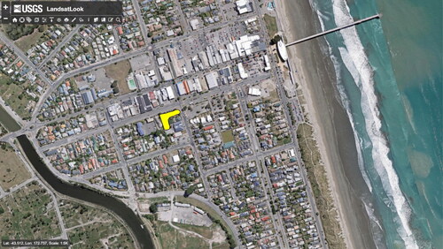 Figure 2. (b) Beresford St freedom camping site (yellow shape, centre left). Source: USGS LansatLook (2019).