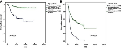 Figure 1 The survival analysis of patients who received PA-TACE after surgical resection.Note: (A) OS analysis; (B) PFS analysis.Abbreviations: OS, overall survival; PA-TACE, postoperative adjuvant TACE; PFS, progress-free survival.