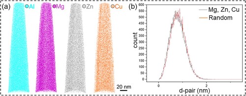 Figure 3. (a) Atomic maps for individual elements at the surface region of PT180 sample. (b) The nearest-neighbor distribution of Mg, Zn, and Cu atoms.