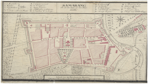 Figure 7. A Map of Fortress City, 1756, after the development of De Vijfhoek with Six Corners: 1) De Hersteller, 2) Ceylon, 3) Amsterdam, 4) Lier, 5) De Smith, 6) De Zee.