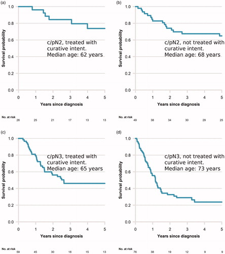 Figure 3. Kaplan–Meier curves for penile cancer specific survival by c/pN2 and c/pN3 stage and by patients in curative setting receiving oncological treatment or not. (a) c/pN2 receiving oncological treatment with curative intent, (b) c/pN2 not receiving oncological treatment with curative intent, (c) c/pN3 receiving oncological treatment with curative intent, (d) c/pN3 not receiving oncological treatment with curative intent. Median age per group in curves.