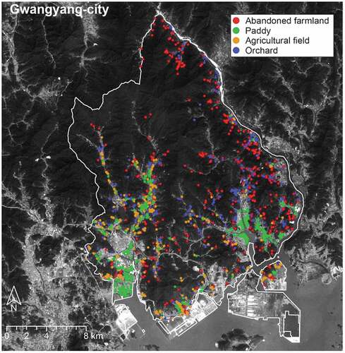Figure 3. Location of reference samples in Gwangyang City, based on Landsat 7 band 1 image on 15 October 2000.