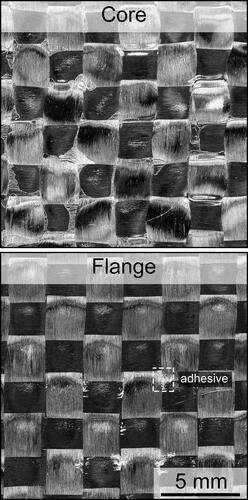 Figure 5. Surface images of baseline vacuum panel under the honeycomb core (top) and in the flange (bottom).