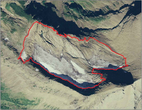 Figure 2. Swiftcurrent Glacier, 27 August 2005, National Agricultural Imagery Program. Swiftcurrent Glacier in Glacier National Park is an example of the cirque glaciers that are characteristic of the glaciers present in the park today. The Little Ice Age extent of Swiftcurrent Glacier is denoted by the red line.