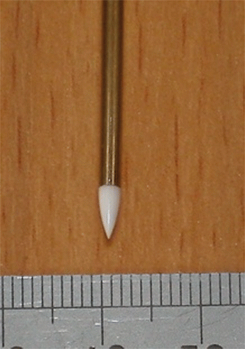 Figure 2. The 2.2-mm antenna. The white ceramic tip is the microwave antenna, and the impedance matching mechanism of the generator ensures that energy is released from the tip of the antenna leading to spherical ablations.