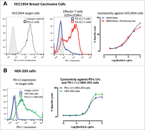 Figure 3. HER2-BsAb-mediated in vitro T cell cytotoxicity was relatively insensitive to PD-L1 expression on the tumor targets or PD-1 expression on T cells. (A) FACS analysis of PD-L1 expression in HCC1954 cells (left panel), of induced PD-1 expression in ATCs (middle panel), and HER2-BsAb-mediated cytotoxicity (right panel). (B) FACS analysis of PD-L1 expression in HEK-293 cells (left panel), and HER2-BsAb-mediated cytotoxicity using the ATCs as in (A) (middle panel). Mean + SEM (n = 6).