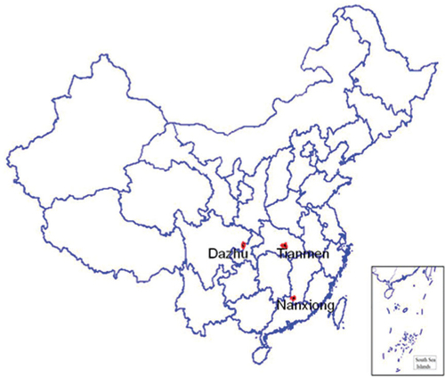 Fig. 1 The location of three pilot sites as surveillance points in China, 2010.Three surveillance points performed the oral examination and self-reported oral behavior. Respondents in Dazhu county represented the rural residents, and respondents in Nanxiong and Tianmen city represented urban residents.
