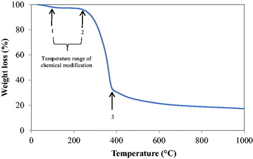 Figure 2 Thermogram of industrial spruce pellet showing modification range temperatures.