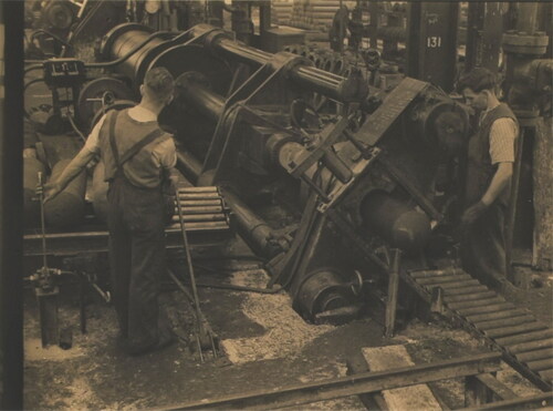 Figure 7. ‘Making stainless hollows’: a glass slide showing the extrusion of closed-end cylinders at the Chesterfield Tube Company. Ludwig Loewy helped overcome commissioning difficulties with stainless tube extrusion at Chesterfield, thereby establishing an affinity with Britain. Success meant the newly formed Ludwig Loewy Engineering was a natural candidate for subsequent capital schemes at the same works. (Attributed to Mr. J.O. Cannam, Chesterfield, CT38).