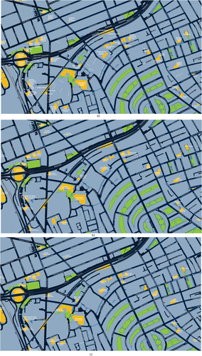 Figure 12. Text labeling performed with: a) optimization method (QGIS-PAL), b) CycleGAN, and c) Pix2Pix.