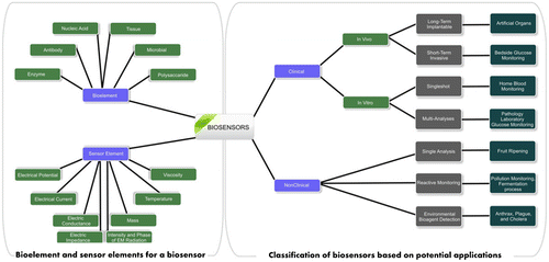 Figure 14. Types and components of biosensors as well as their fields of application. Figure redrawn from [Citation110].