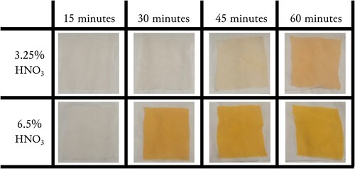 Figure 5. Results of the dyeing experiment using diluted nitric acid at 70°C and monitoring the effects of time on the achieved colour. © G. Montanari.