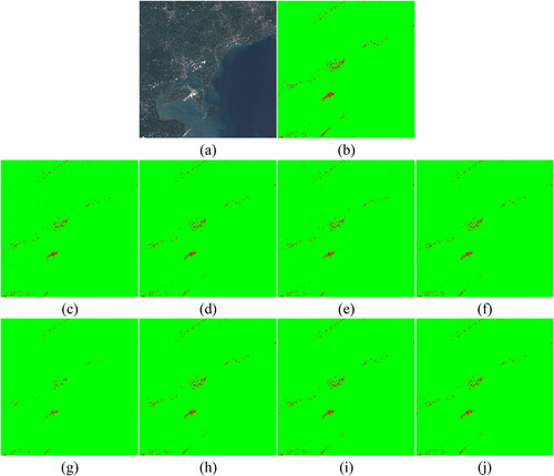Figure 17. Zhanjiang (China) (a) True Color image, (b) Manual reference mask, generated cloud mask by: (c) RF with traditional texture features (d) RF with deep features (e) XGBoost with traditional texture features (f) XGBoost with deep features, (g) SVM with traditional texture features, and (h) SVM with deep features, (i) Resnet, and (j) CD-FM3SF-4.