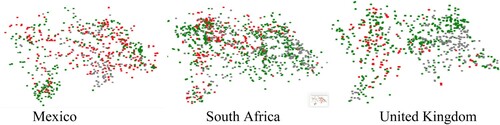 Figure 4. Visual network of shale gas controversy in 2018, per country. The colour of the images converted to dots represents the positioning of the actor on the debate. The place of the dot in the network represents the type of cluster the image belongs to (see Figure 4).