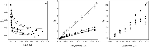 Figure 2.  (A) Change on the Trp fluorescence intensity of the SARSL peptide in the presence of increasing lipid concentration, (B) Stern-Volmer plots of the quenching of the Trp fluorescence emission of SARSL by acrylamide in aqueous buffer (∇), and in the presence of LUVs, (C) Doxyl NS quenching (5NS, open symbols, and 16NS, black symbols) of the Trp fluorescence of the SARSL peptide in the presence of LUVs at different lipid compositions. The lipid compositions used were EPC (▪), BPS (▴), EPG (•), EPA (♦). The spin label concentration is the effective quencher concentration calculated as stated in the Material and Methods section.