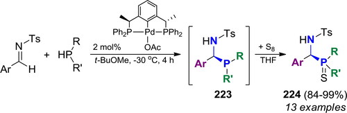 Scheme 132. Pd-catalyzed stereoselective hydrophosphination of N-tosylimines.[Citation423] Products, yields, and enantiomeric excess, are listed in Table S34.