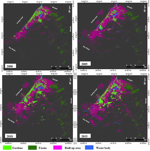 Figure 6. Maps of built-up, water and vegetation at Dubai Emirate as derived from Landsat images using SAM algorithm for the years 2000 (a), 2005 (b), 2010 (c), and 2015 (d).