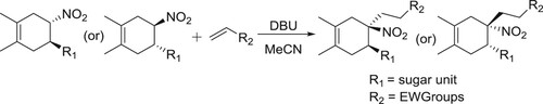 Scheme 97. The stereoselective Michael addition reaction between chiral 5-glyco-4-nitrocyclohex-1-enes.