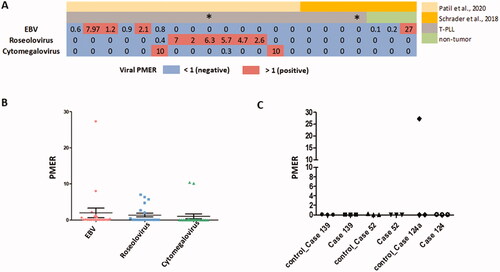 Figure 1. Viral reads detected in T-PLL samples and non-tumor samples in the WGS data. (A) The heatmap depicts viral reads per million extracted reads (PMER) per sample (in columns) for three viruses: EBV, roseolovirus and cytomegalovirus (in rows) based on the WGS data of T-PLL cases (n = 16) and SUP-T11 (the case 124 and case 124a which is the case analysis twice is marked with an asterisk) and non-tumor samples. The samples published in Patil et al. [Citation16] and in Schrader et al. [Citation19] are depicted in the top bar. The heatmap shows PMER for viruses detected per sample with low to high read values. (B) The dot plot shows the viral load in PMER on x-axis for all samples (T-PLL and non-tumor). (C) Bar plot shows the viral reads detected three T-PLL samples and their respective non-tumor controls. The y-axis depicts the PMER for viruses detected per sample.