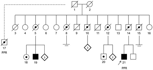 Figure 2. Pedigree of the family:Members 8, 10, 14 and 15: admitted to same mental health care institution with schizophrenia and young-onset dementia; brain autopsy inconclusive for patients 10 and 14.Members 18 and 20: diagnosed with frontotemporal dementia.Members 19 and 21 (index patient): known C9orf72 repeat expansionPatient 17: lineage uncertain, phenotype identical to index patient, electroencephalography describing intermittent slowing and a photoparoxysmal response (PPR). Reported to be a cousin of family members 8, 10, 14 and 15..